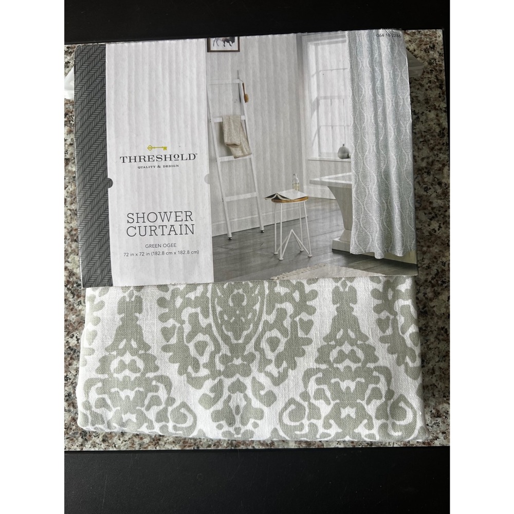 Threshold Green Ogee Shower Curtain 100% Cotton 72x72 Damask Pattern 064182286